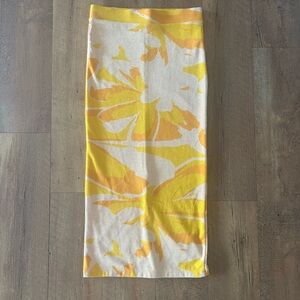 ZARA Yellow Floral Ribbed Bodycon Midi Skirt Slit Back Size Small